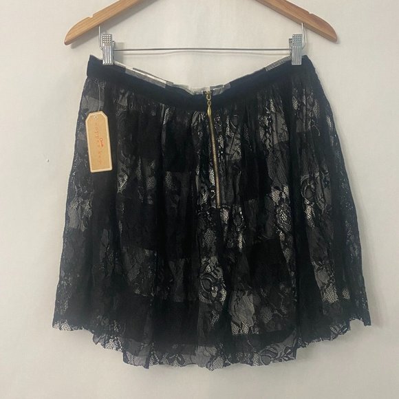 Copper Key Lace Plaid Mini Skirt A Line Black White Dressy Or Casual Sz M - Picture 2 of 15